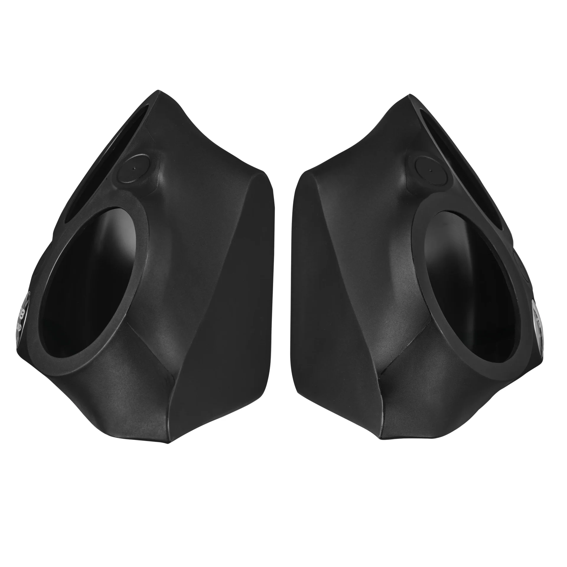 Pair of black rubber automotive bushings.