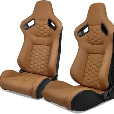 IKON MOTORSPORTS, Universal Racing Seats with Dual Sliders, Reclinable Brown PU + Carbon Leather with Hexagonal Quilting Sport Bucket Seats, 1 Pair Driver + Passenger Side